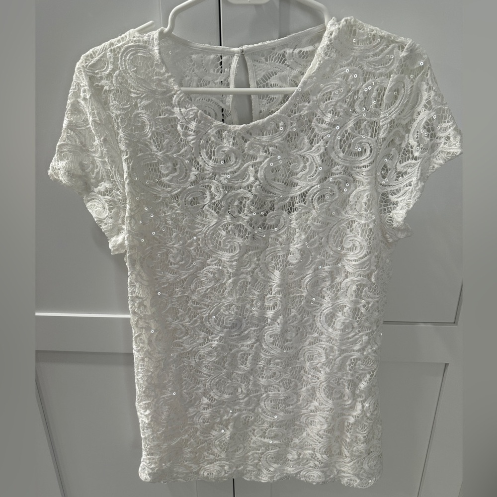 INC International Concepts White Lace Sequin Short Sleeve Top